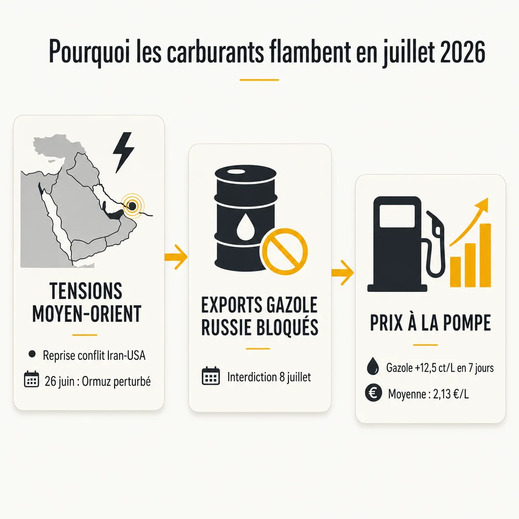 Infographie causes hausse carburant juillet 2026 : tensions Moyen-Orient, exports russie bloqués, répercussion à la pompe