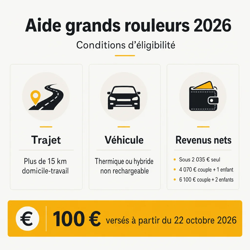 Infographie conditions eligibilite aide grands rouleurs 2026