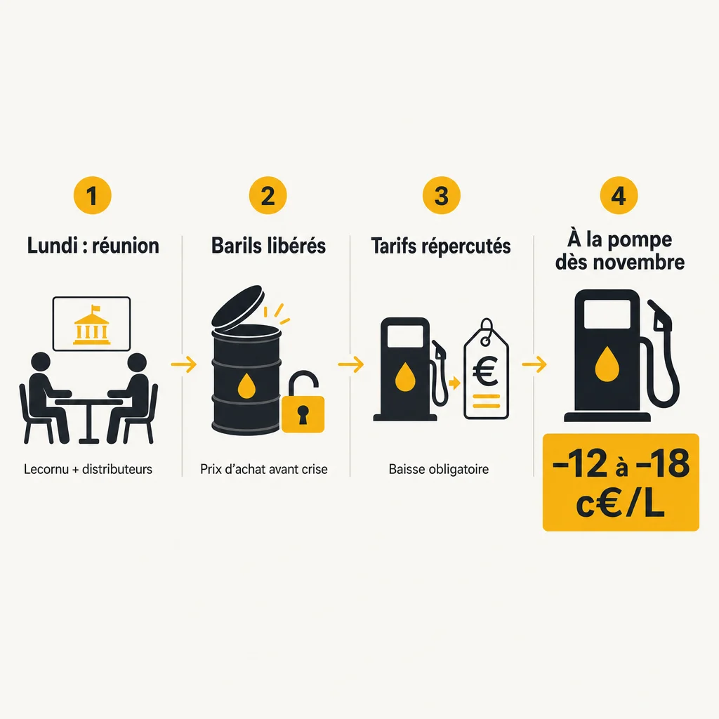 Infographie 4 étapes : réunion lundi Lecornu et distributeurs, libération des barils au prix d'achat avant crise, répercussion tarifaire obligatoire, baisse de 12 à 18 centimes à la pompe dès novembre