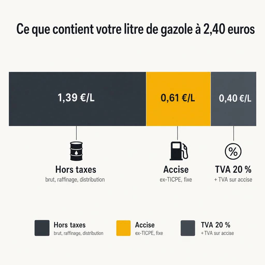 Composition du prix du gazole : hors taxes 1,39 euro, accise 0,61 euro, TVA 0,40 euro