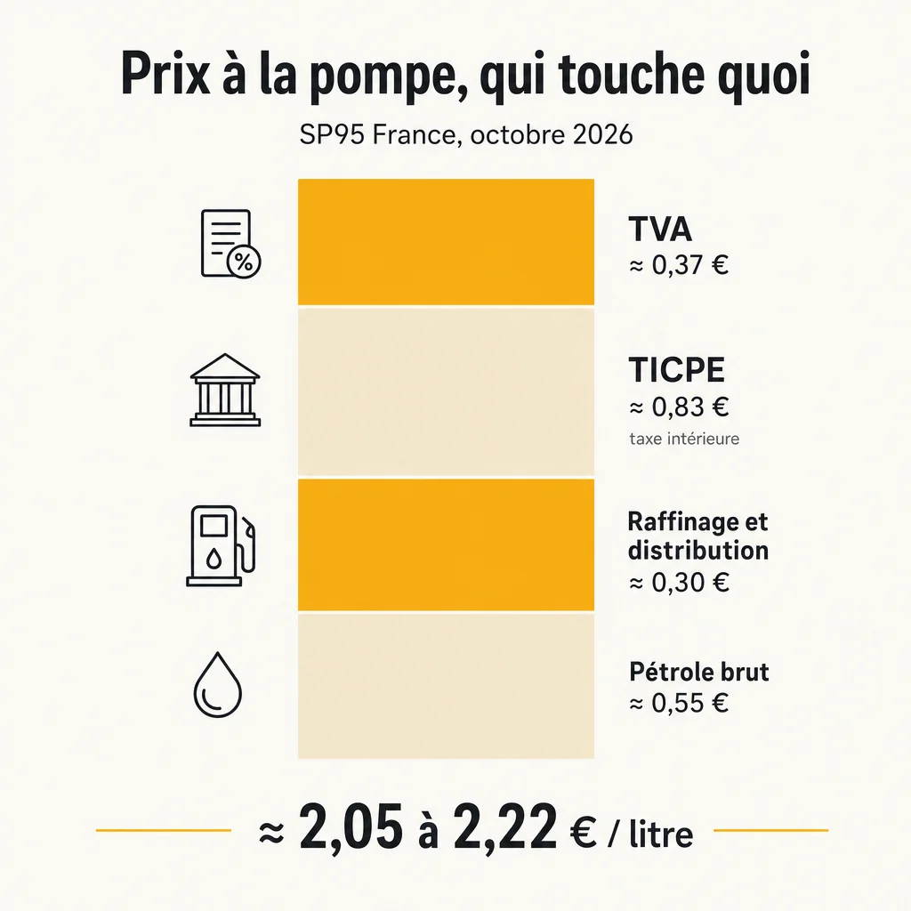 Décomposition du prix du SP95 à la pompe en France : pétrole brut, raffinage, TICPE et TVA