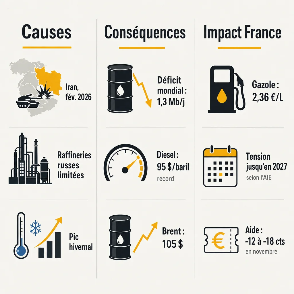 Infographie : causes de la tension mondiale sur le diesel en octobre 2026, conséquences et impact sur les prix en France