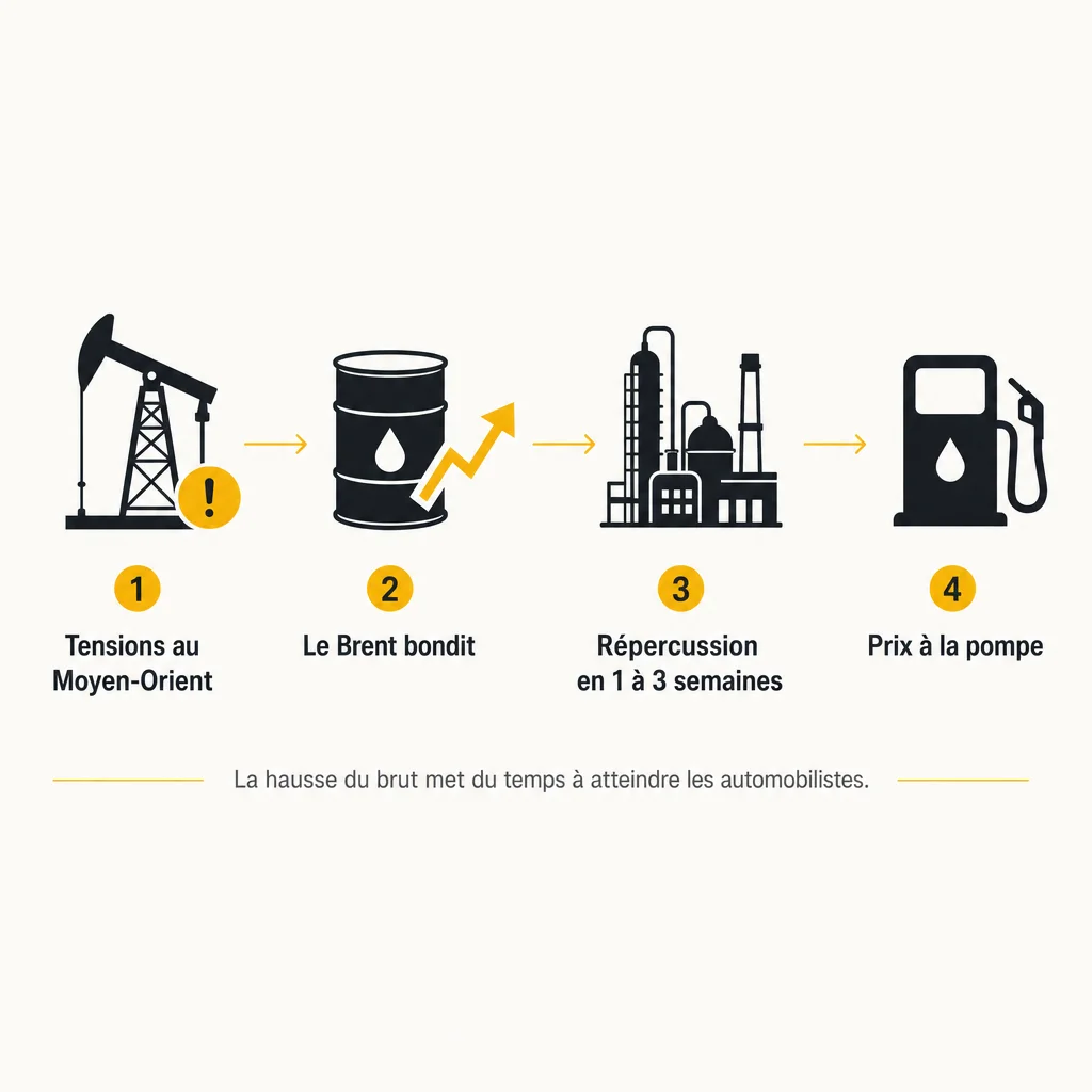 Schéma en 4 étapes : tensions au Moyen-Orient, bond du Brent, répercussion en raffinerie sous 1 à 3 semaines, prix à la pompe