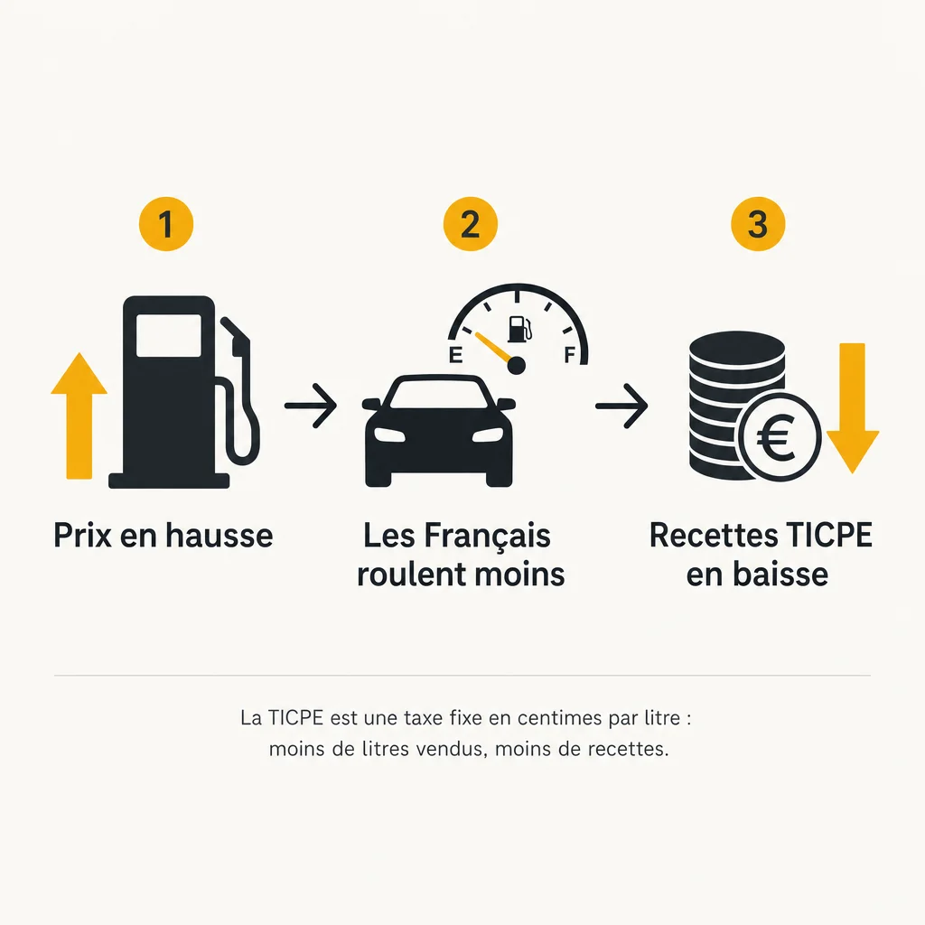 Schéma : prix en hausse, les Français roulent moins, recettes TICPE en baisse