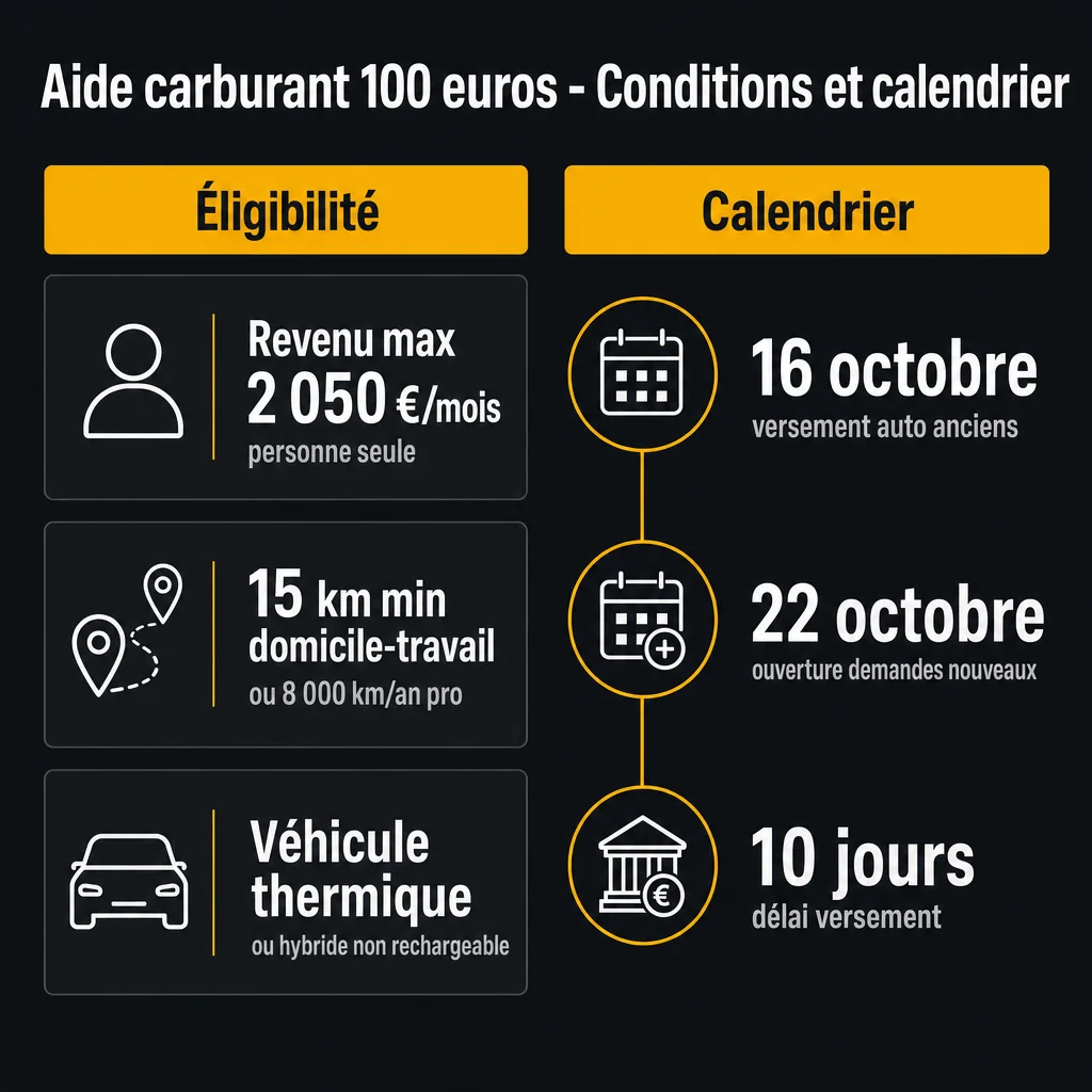 Aide carburant 100 euros : conditions d'éligibilité et calendrier des versements octobre 2026