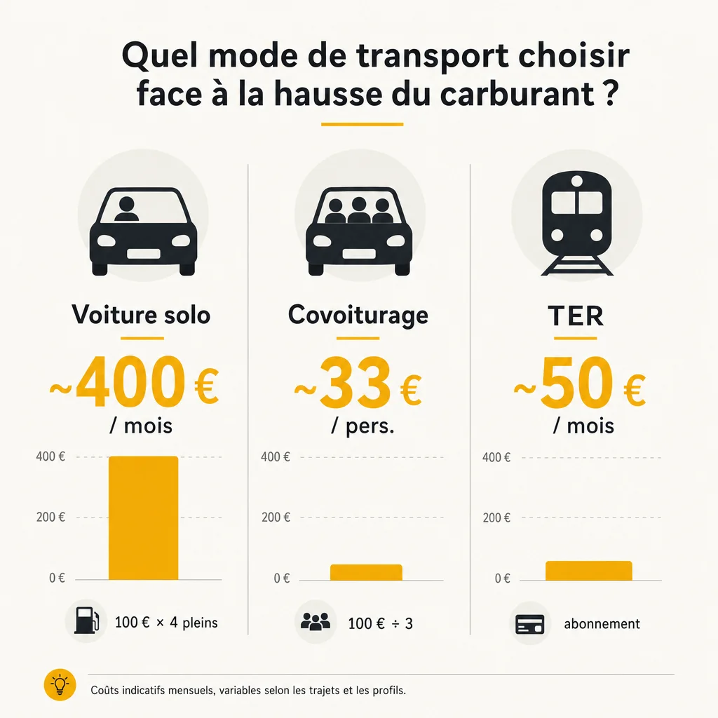 Comparaison du coût mensuel de transport : voiture solo, covoiturage partagé et abonnement TER face à la hausse du carburant