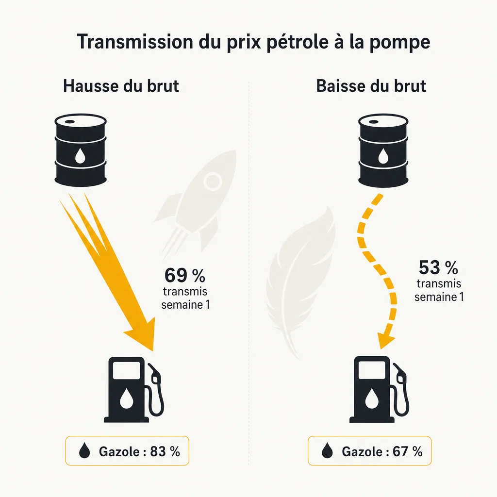 Schéma de l'effet fusée et plume : transmission asymétrique du prix du pétrole à la pompe