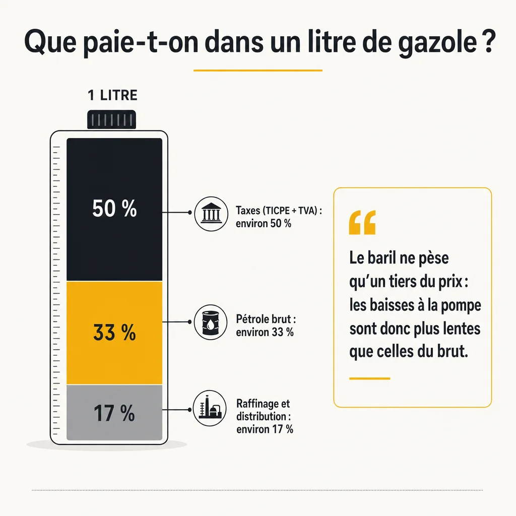 Infographie : composition du prix d'un litre de gazole, taxes environ 50 %, pétrole brut 33 %, raffinage et distribution 17 %