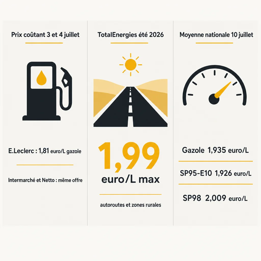 Infographie : prix coûtant E.Leclerc, Intermarché et Netto les 3 et 4 juillet, plafond TotalEnergies 1,99 euro, moyennes nationales au 10 juillet
