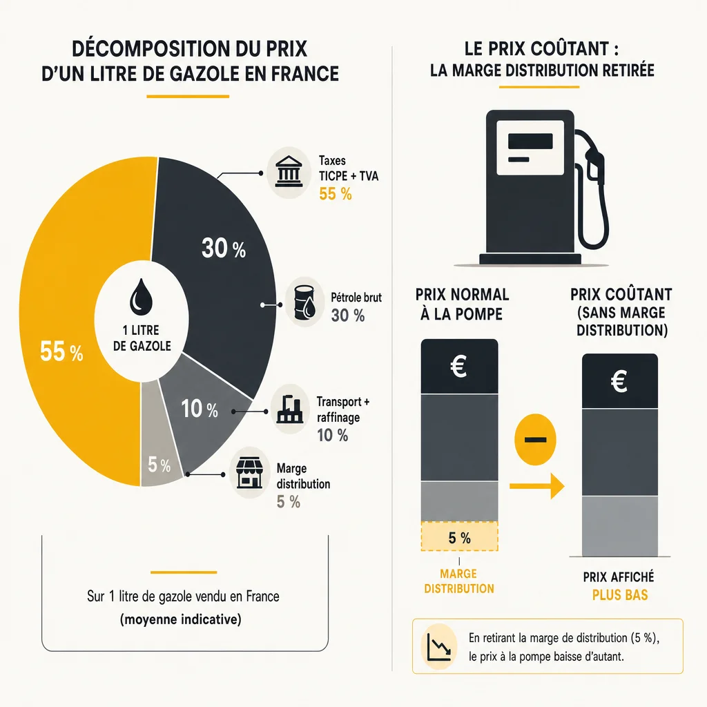 Décomposition du prix d'un litre de gazole en France : taxes, pétrole, transport et raffinage, marge distribution, et mécanisme du prix coûtant