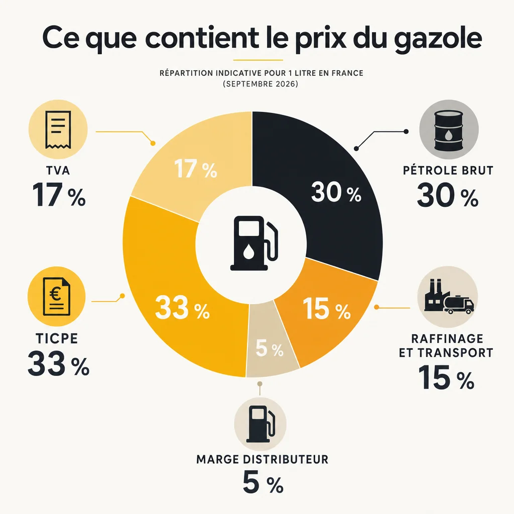 Répartition indicative des composantes du prix d’un litre de gazole en France (septembre 2026)