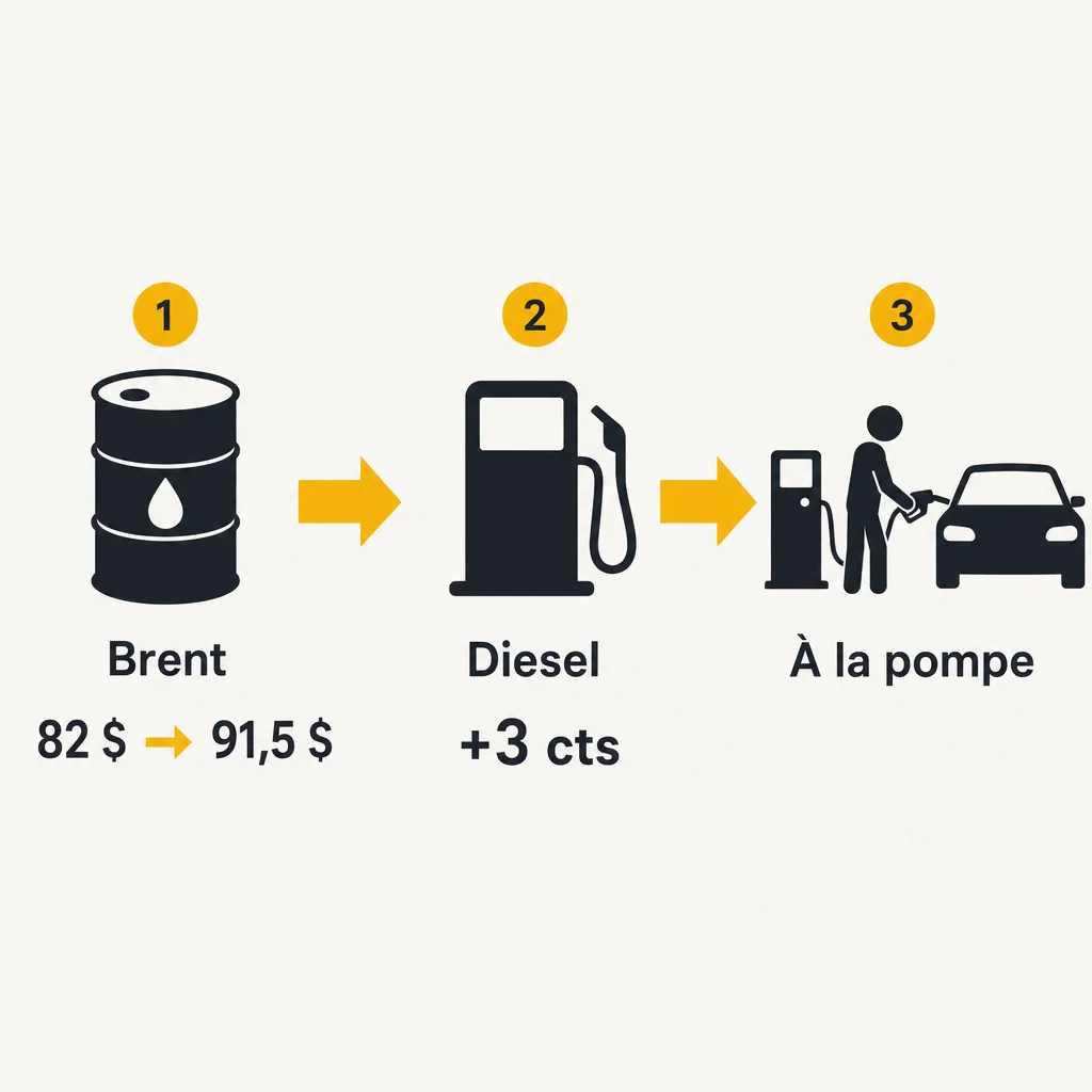 Schéma : évolution du Brent de 82 dollars à 91,5 dollars et répercussion de +3 centimes sur le prix du diesel à la pompe