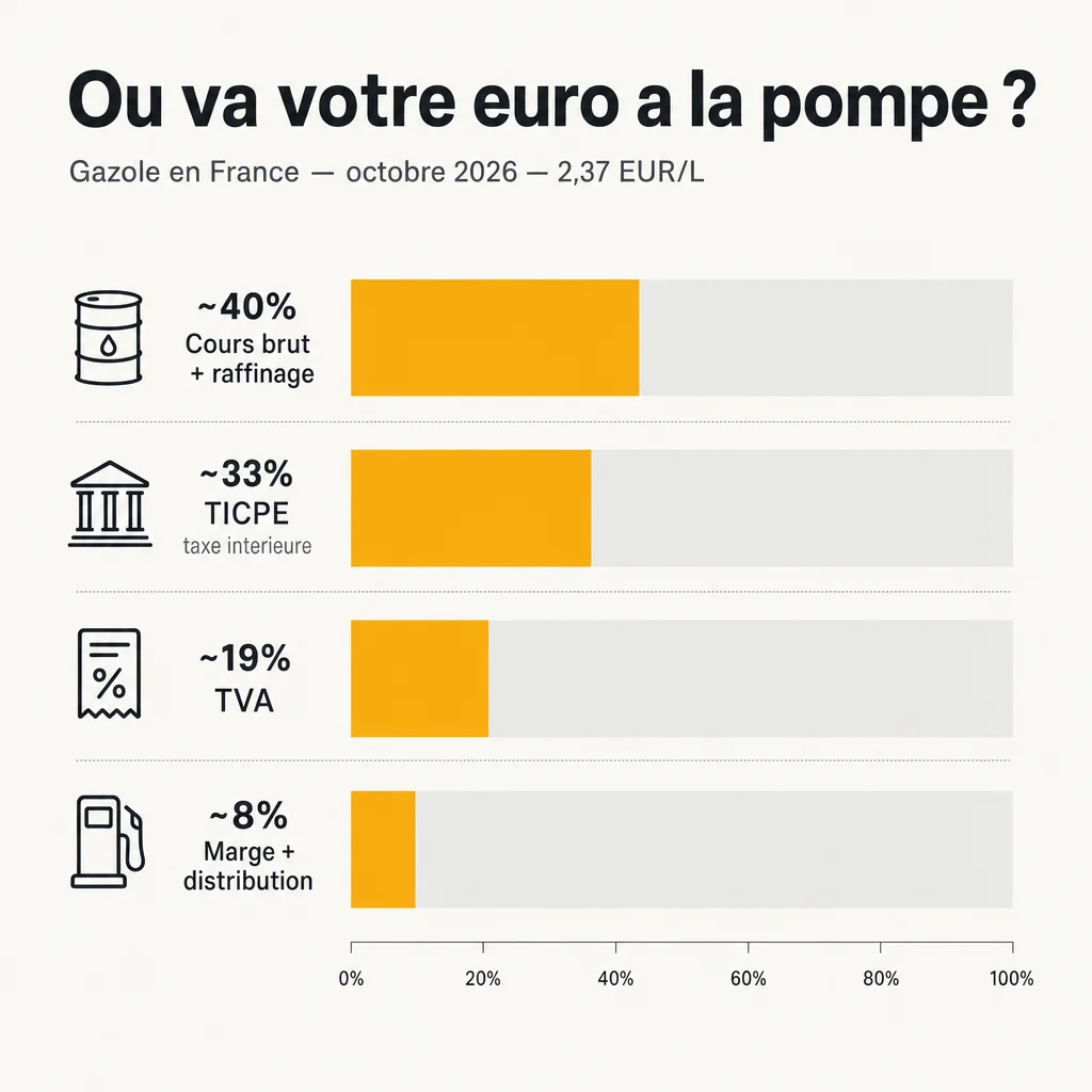 Décomposition indicative du prix du gazole à la pompe en France en octobre 2026