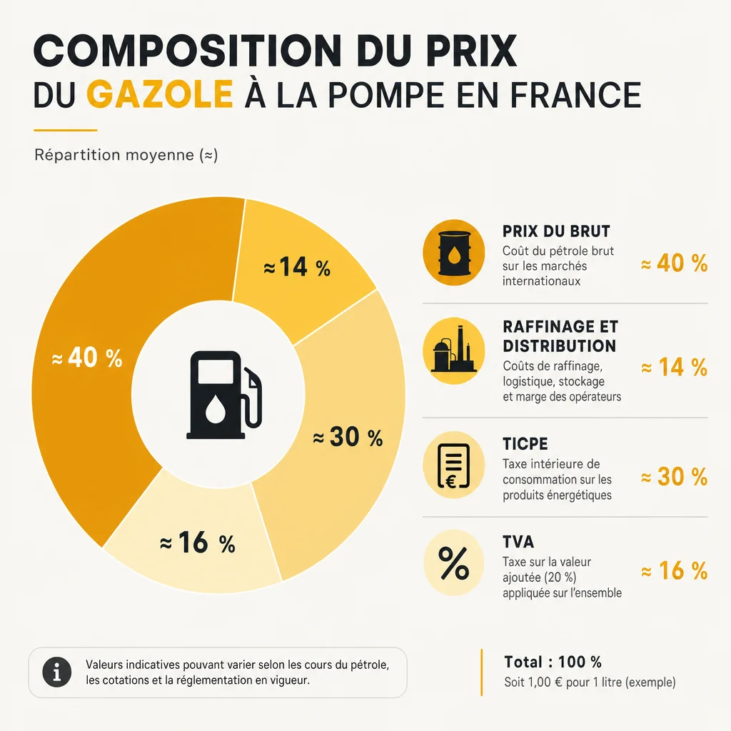 Composition du prix du gazole à la pompe en France : part du brut, raffinage, TICPE et TVA