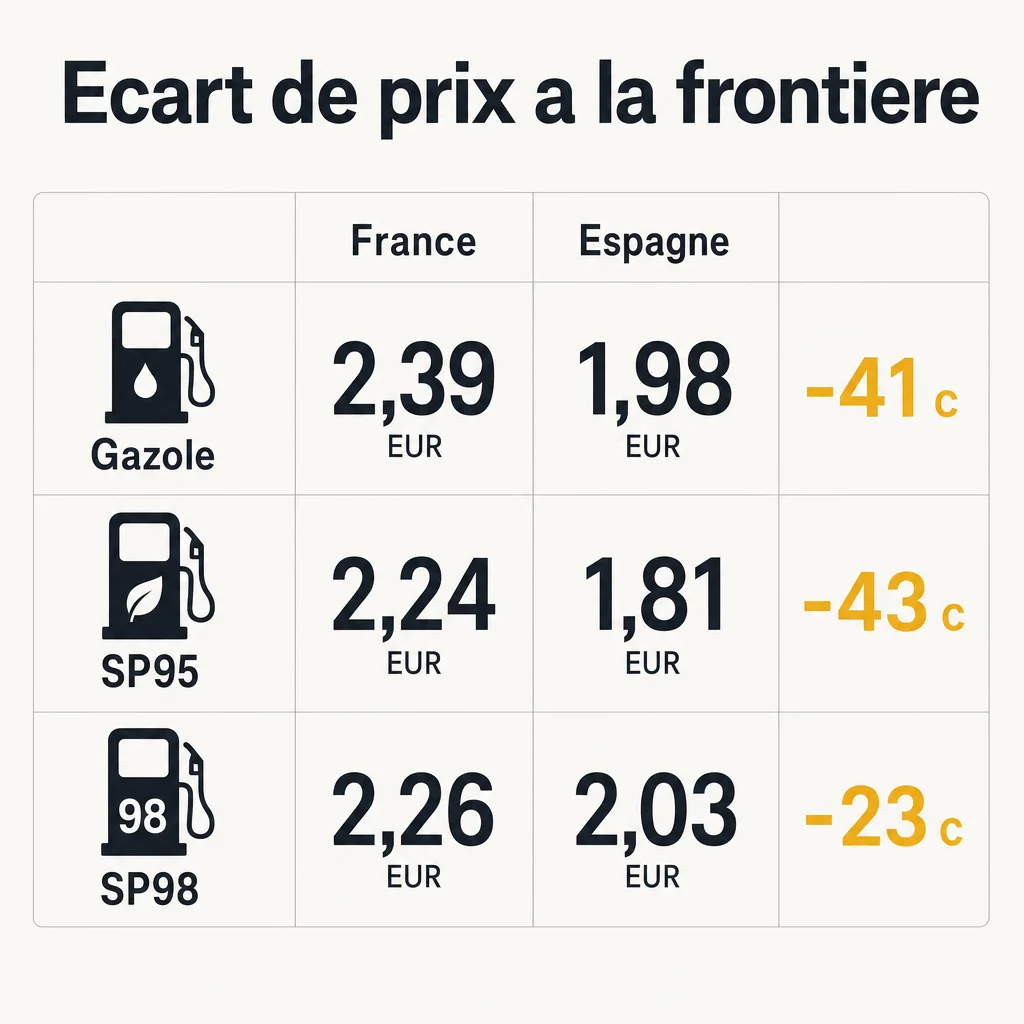 Comparaison prix gazole et essence France vs Espagne en octobre 2026