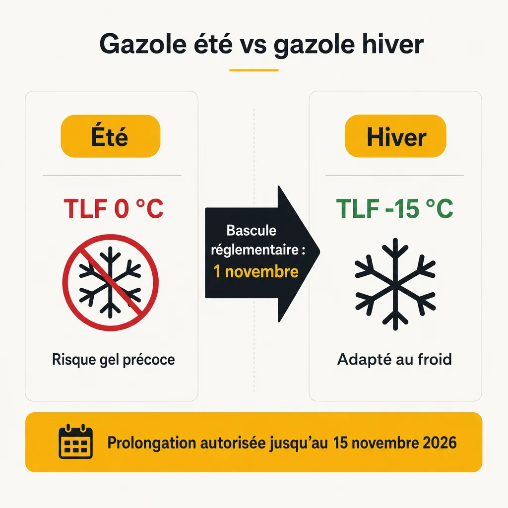 Comparatif gazole d'été et gazole d'hiver : températures limites et date de bascule réglementaire