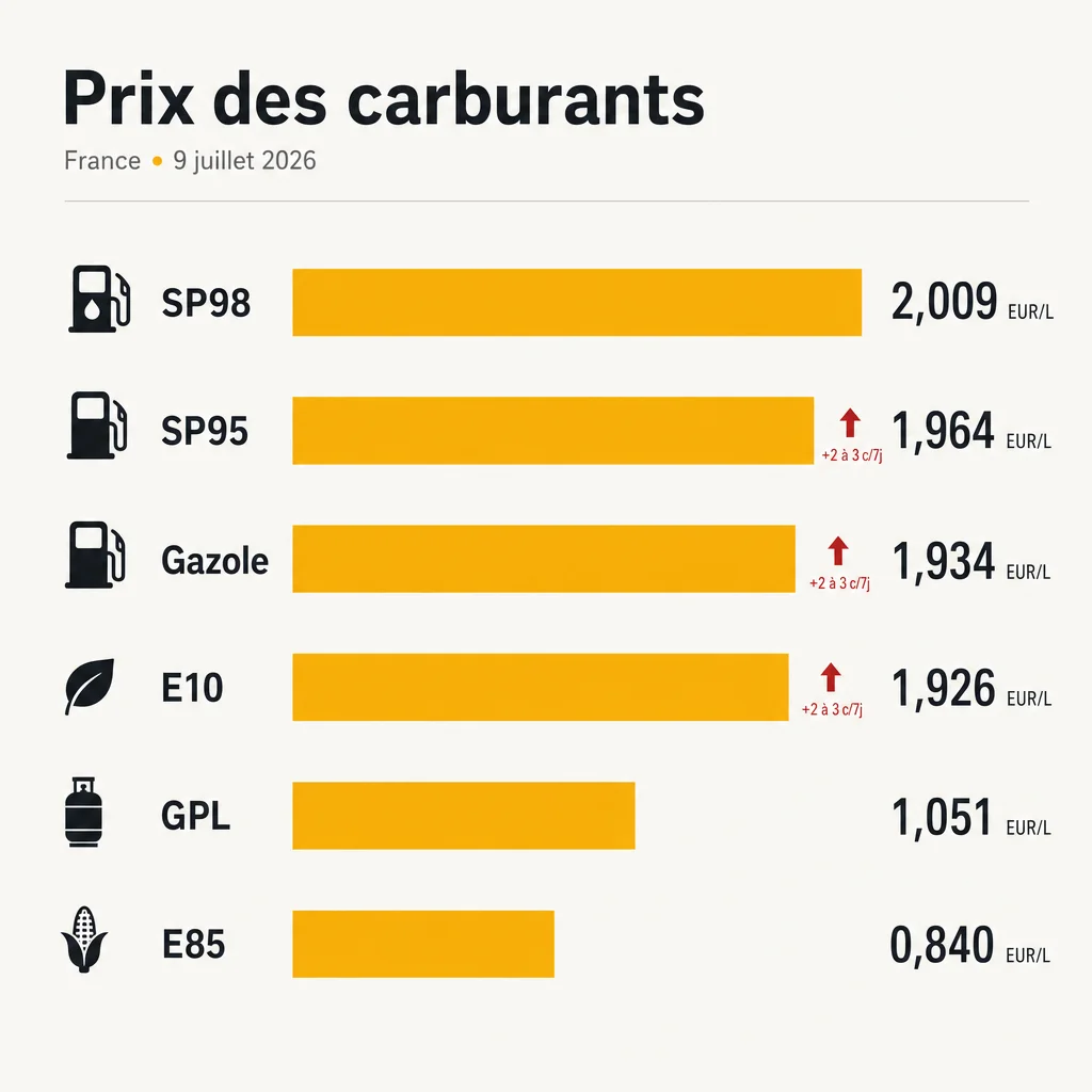 Prix moyens des carburants en France au 9 juillet 2026 avec variations sur 7 jours