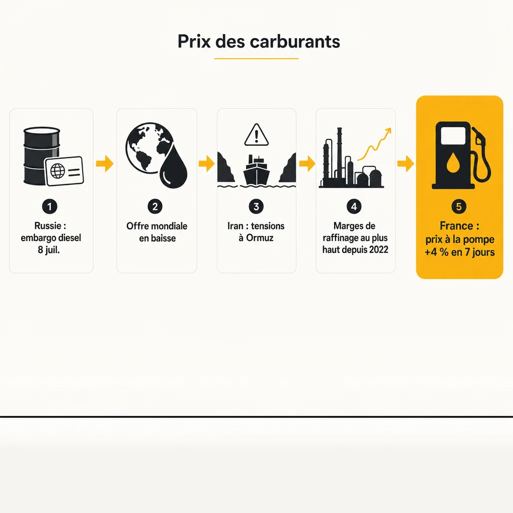 Schéma des causes de la hausse du gazole en France en juillet 2026
