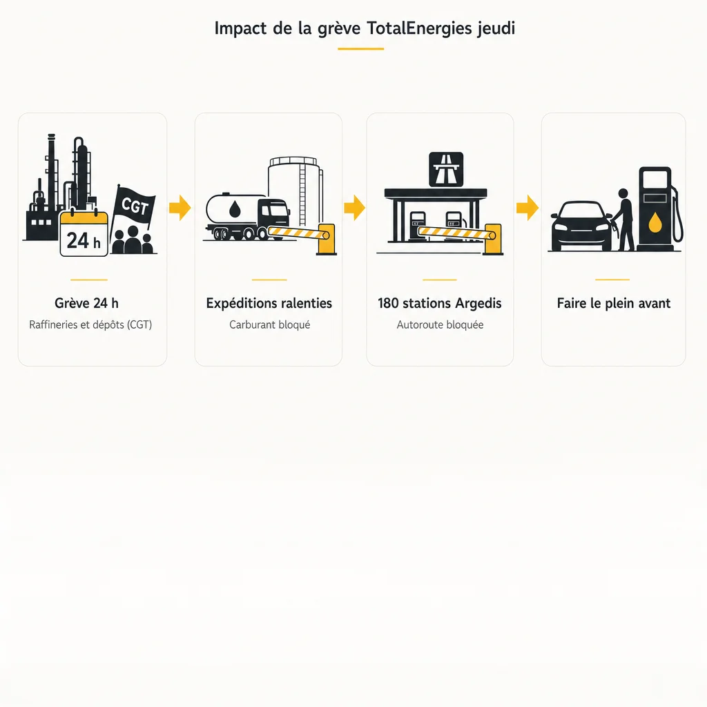 Schéma en 4 étapes : de la grève dans les raffineries TotalEnergies à l'impact sur les automobilistes à la pompe