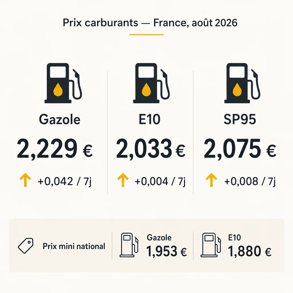Infographie prix moyens des carburants en France août 2026 : gazole 2,229 euros, E10 2,033 euros, SP95 2,075 euros