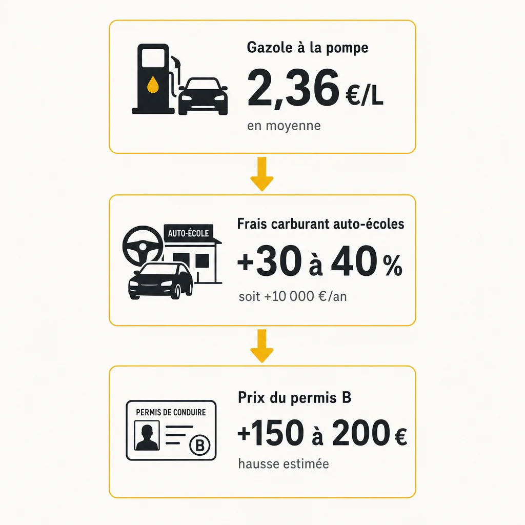 Infographie montrant la chaîne d'impact : hausse du gazole, surcoût auto-écoles, hausse du prix du permis B