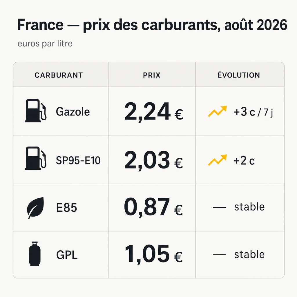 Infographie comparaison des prix carburants France rentrée 2026 : gazole 2,242 euros hausse 3 centimes sur 7 jours, SP95-E10 2,026 euros, E85 0,866 euros stable