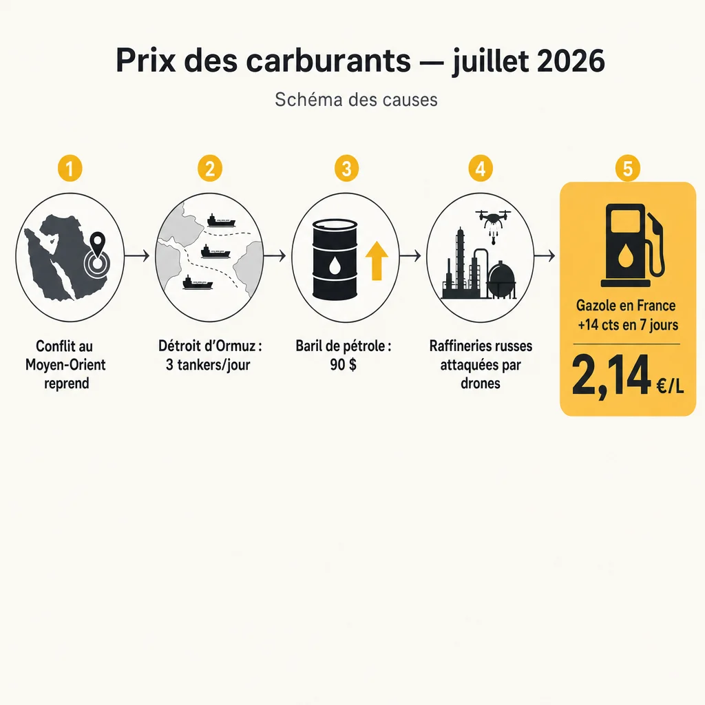 Schéma en cinq étapes des causes de la hausse du prix du carburant en France en juillet 2026 : conflit Moyen-Orient, détroit d'Ormuz, baril à 90 dollars, raffineries russes, gazole à 2,14 euro par litre