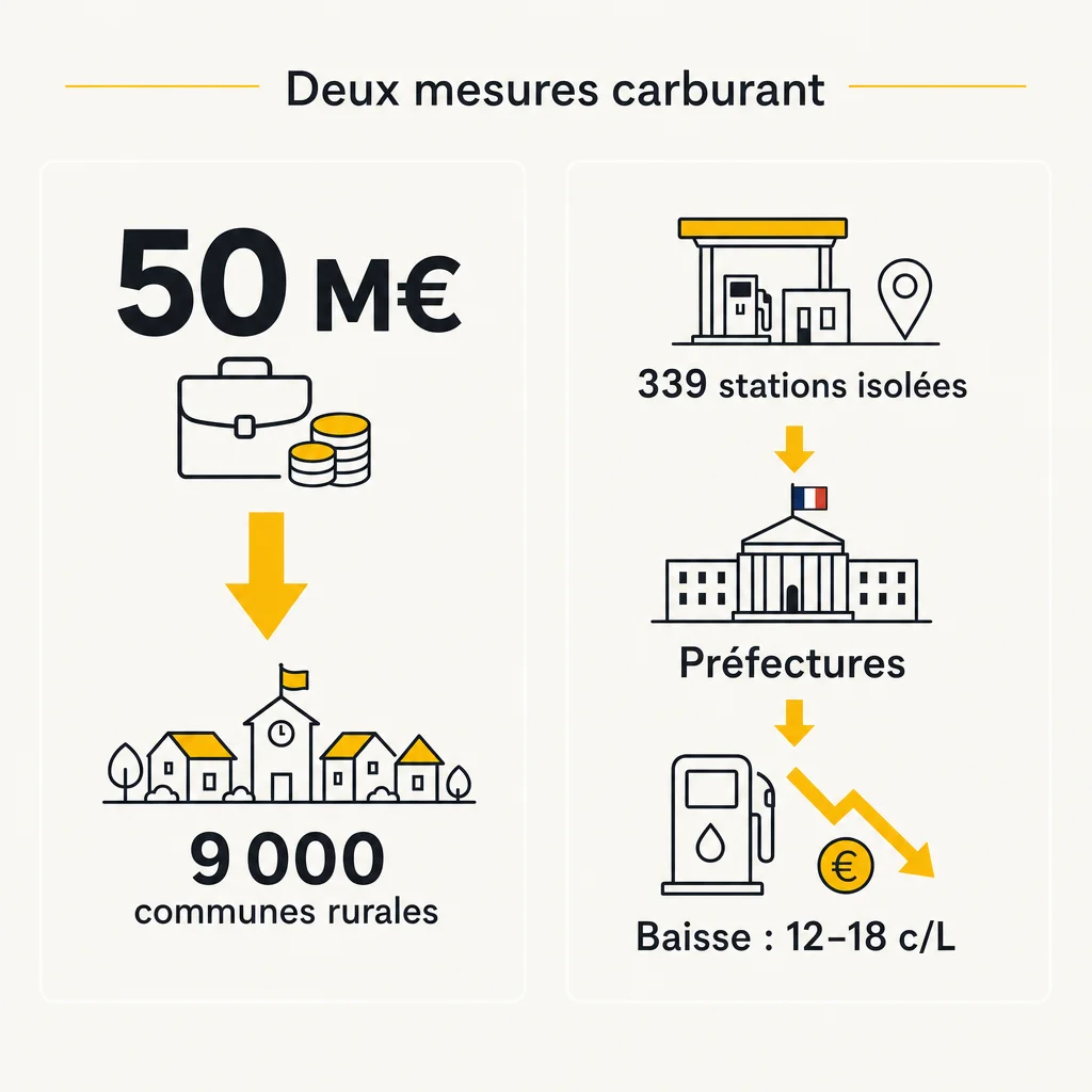 Infographie : 50 millions d'euros vers 9 000 communes rurales et 339 stations isolées vers les préfectures vers une baisse de 12 à 18 centimes par litre de gazole