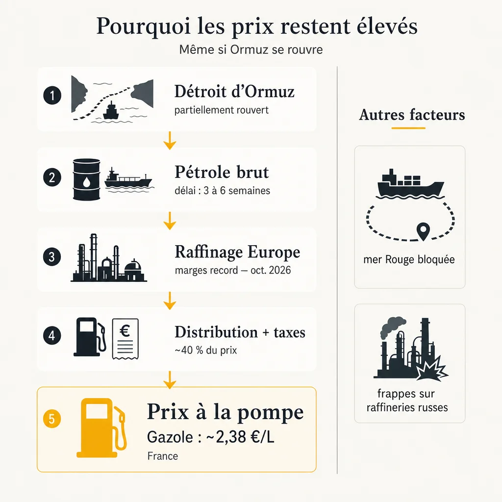 Schéma de la chaîne entre la crise à Ormuz et le prix à la pompe en France