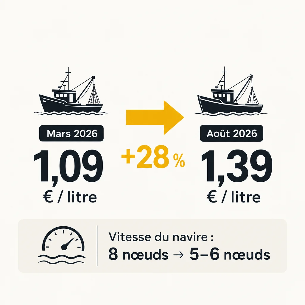 Infographie : prix du carburant professionnel pêcheurs de Cannes, +28% entre mars 2026 (1,09 euro/L) et août 2026 (1,39 euro/L), vitesse réduite de 8 à 5-6 noeuds