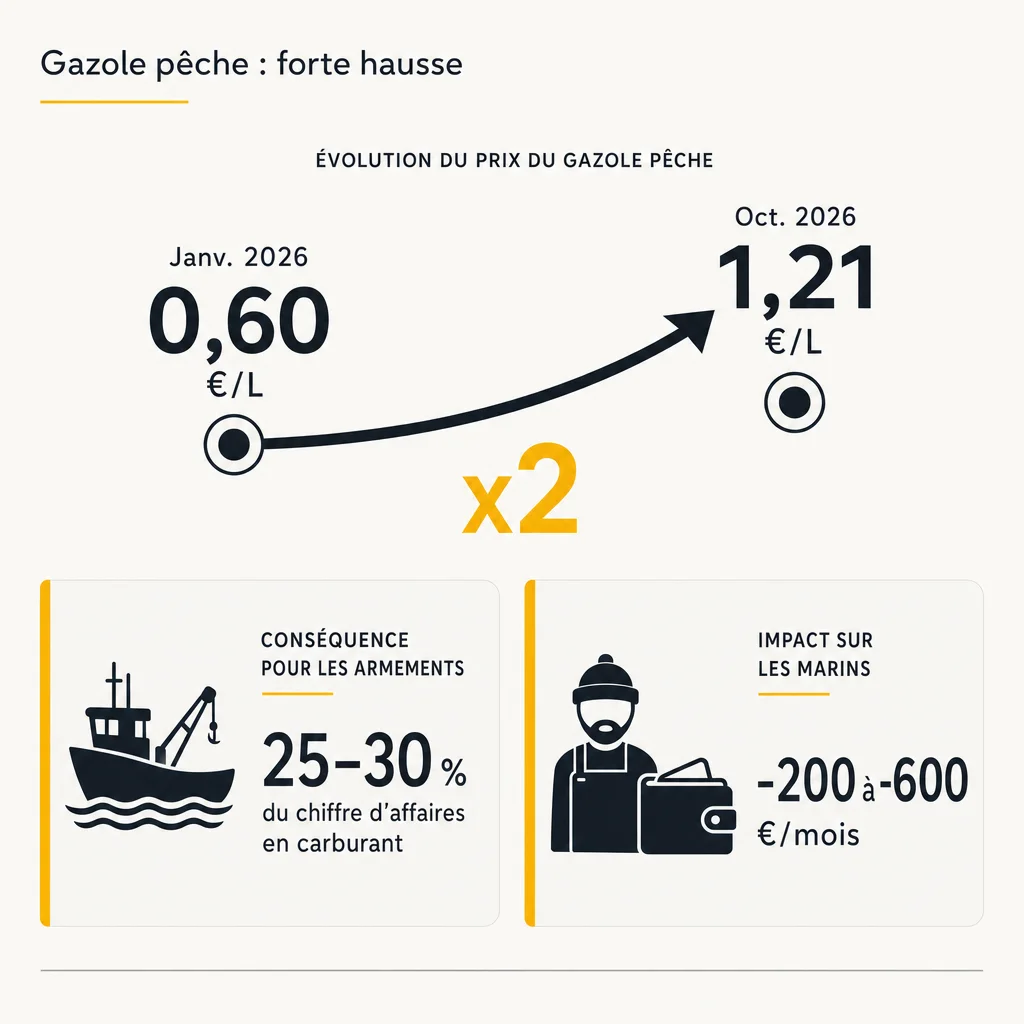 Infographie : évolution du prix du gazole pêche en 2026, impact sur les armements et les marins