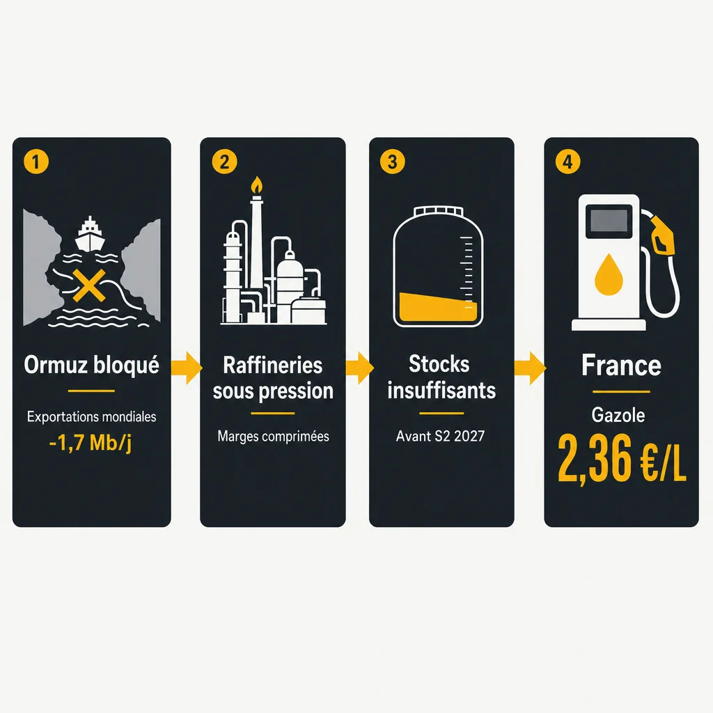 Schéma de la chaîne causale pénurie de diesel : tensions géopolitiques, baisse des exportations, stocks insuffisants et prix à la pompe en France