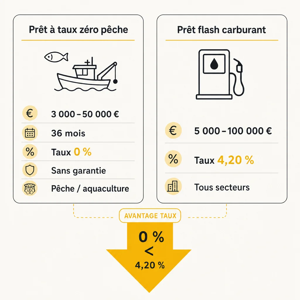 Comparaison prêt à taux zéro pêche et prêt flash carburant Bpifrance 2026, montants, taux, durée