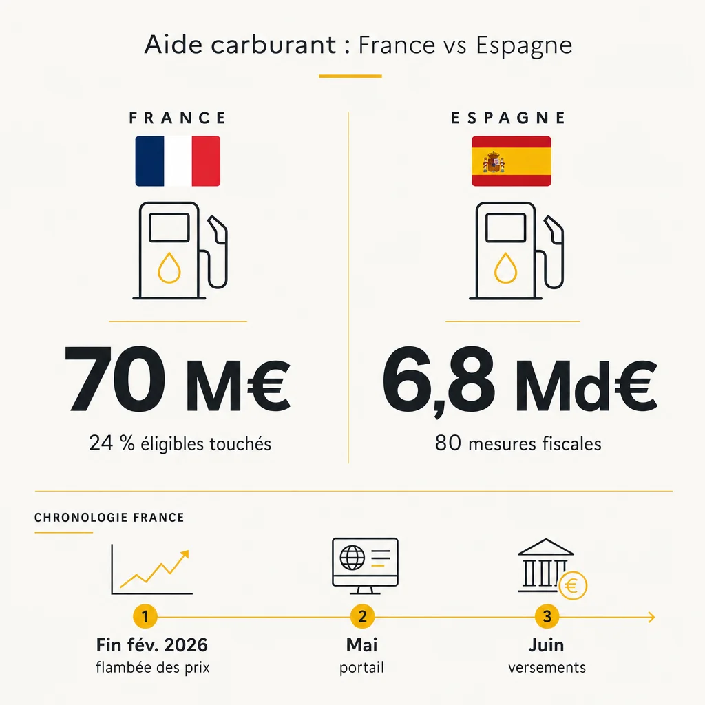 Infographie comparant les aides carburant France et Espagne : 70 millions contre 6,8 milliards d'euros