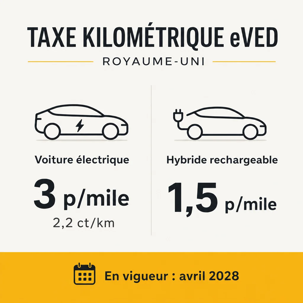 Schéma comparatif de la taxe kilométrique eVED au Royaume-Uni : 3 pences par mile pour les électriques, 1,5 pence pour les hybrides rechargeables, applicables à partir d'avril 2028