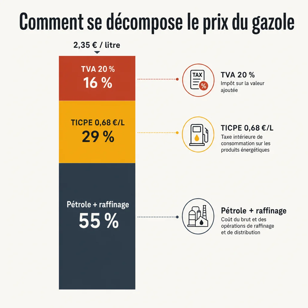 Décomposition du prix d'un litre de gazole : pétrole et raffinage 55 %, TICPE 0,68 euro 29 %, TVA 20 % 16 %