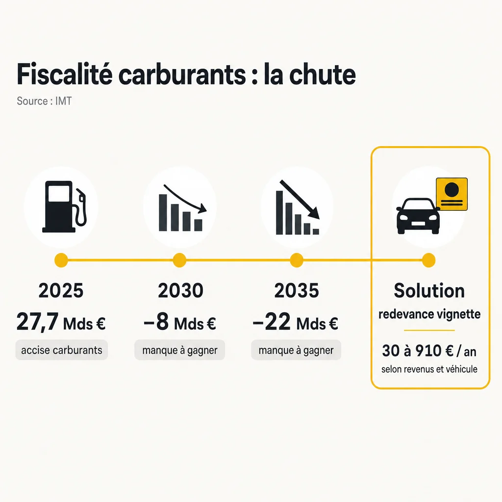 Infographie : chute de la fiscalité carburant en France et proposition de redevance vignette IMT
